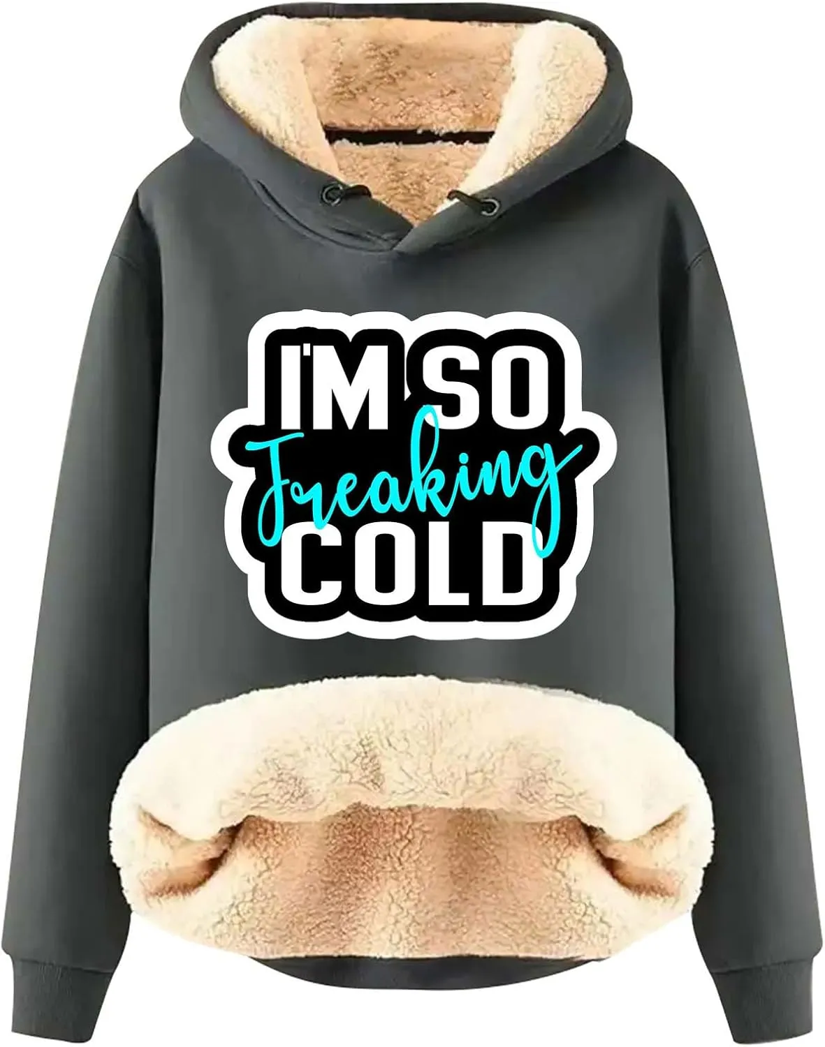 Binmer I'm So Freaking Cold Hoodies Women Letter Long Sleeve Funny Graphic Oversized Sweatshirts Casual Sherpa Pullover Tops