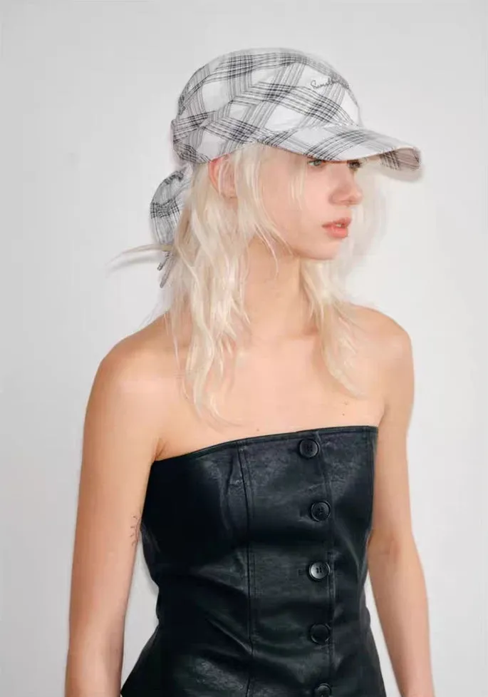 Plaid Scarf-Back Baseball Cap  Monochrome