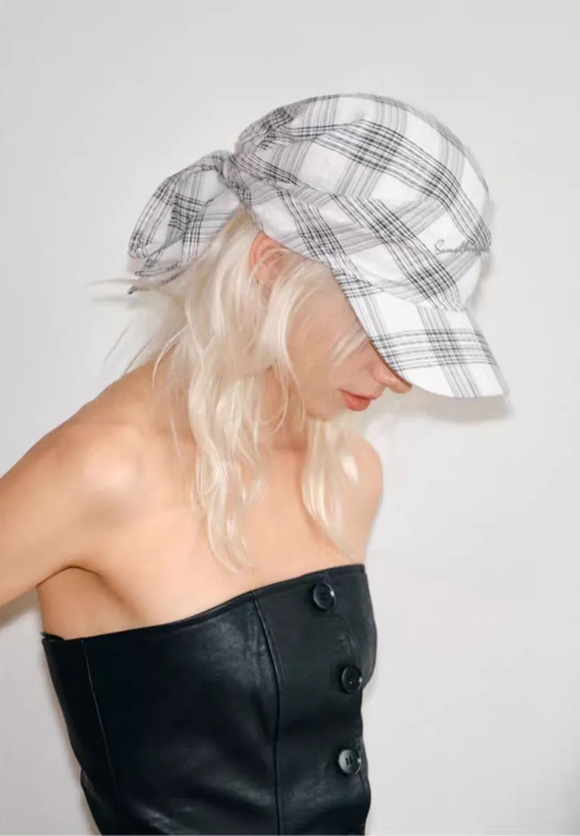 Plaid Scarf-Back Baseball Cap  Monochrome