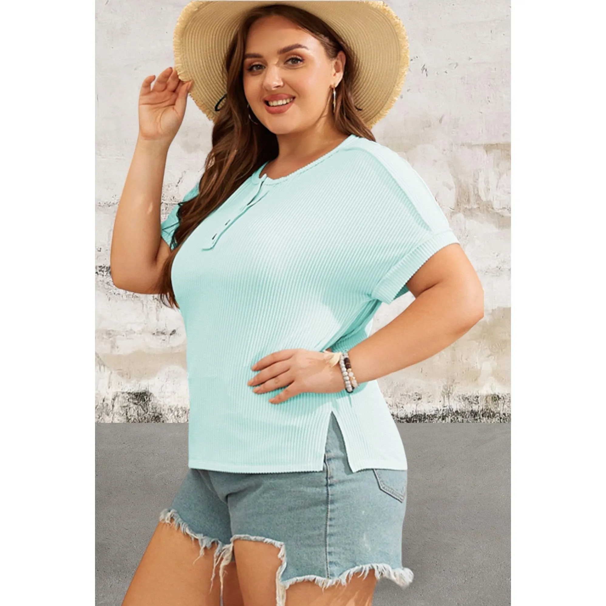 Plus Size Short Sleeve Ribbed Summer Top
