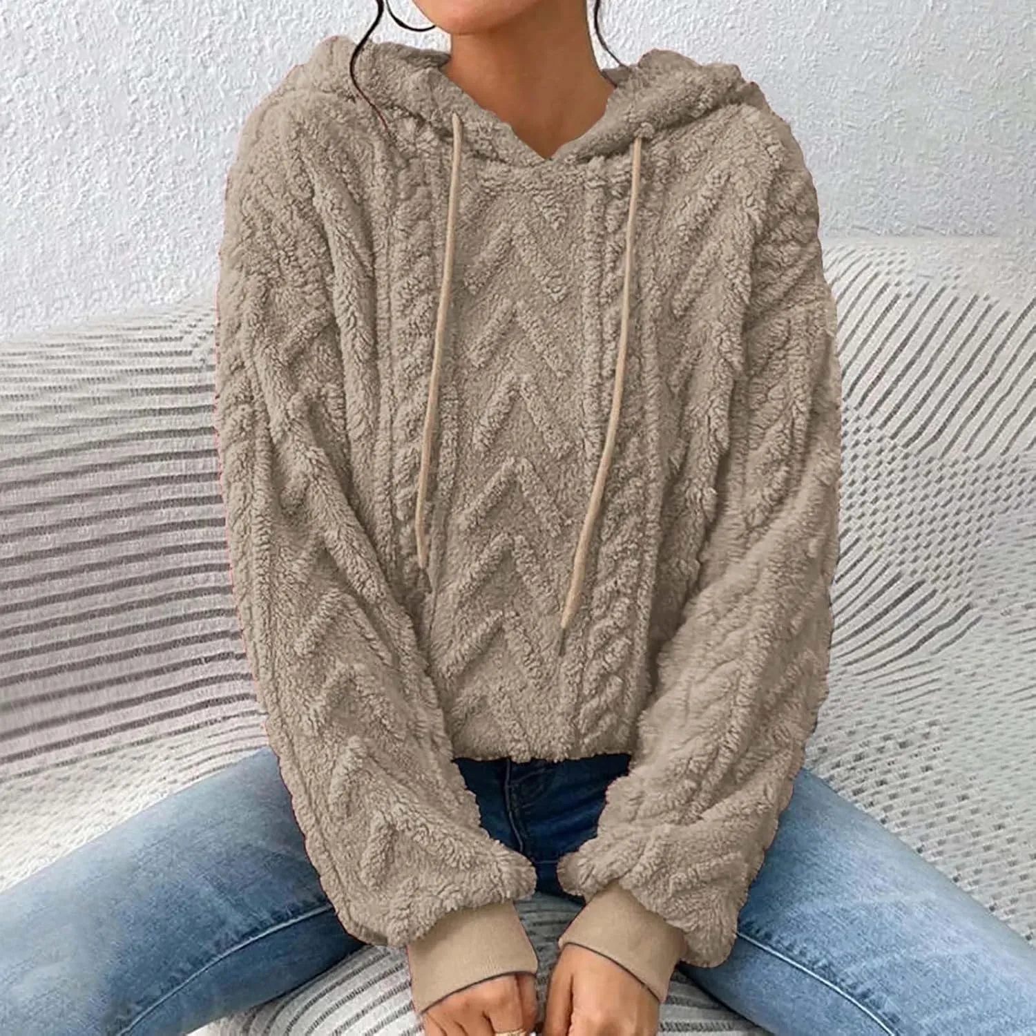 SHAOBGE Hoodies For Women Casual Pullover Waffle Long Sleeve Drawstring Hooded Sweatshirt with Pocket