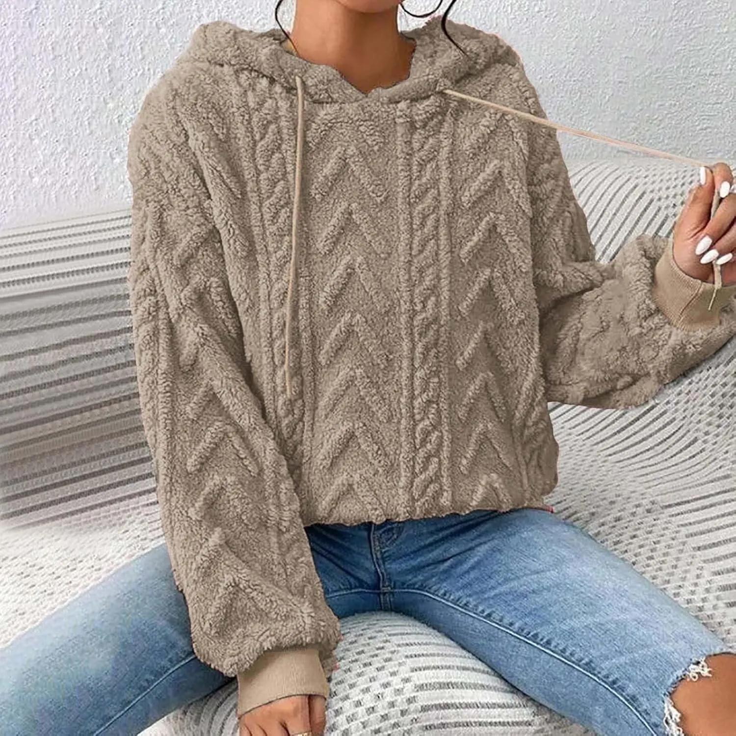 SHAOBGE Hoodies For Women Casual Pullover Waffle Long Sleeve Drawstring Hooded Sweatshirt with Pocket