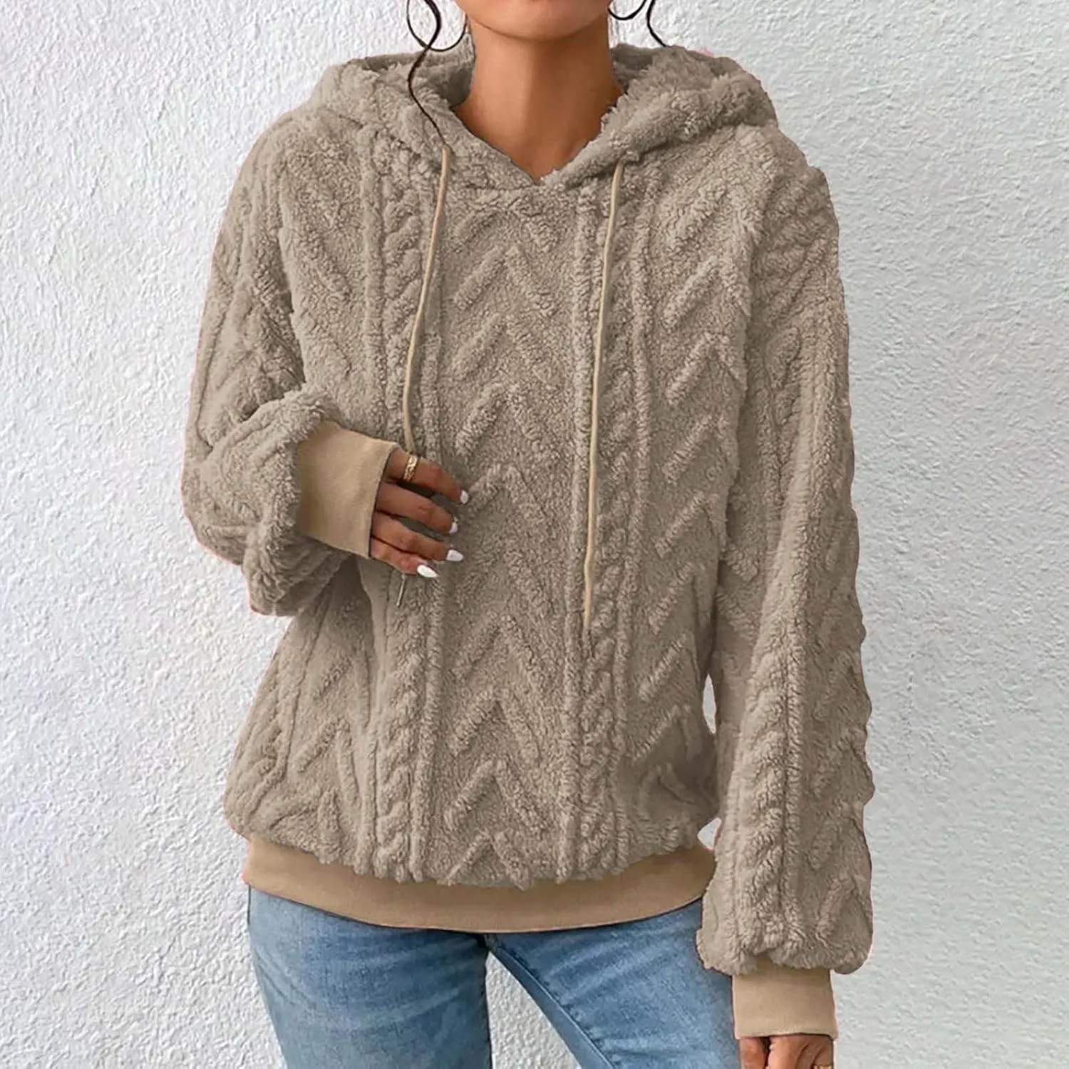 SHAOBGE Hoodies For Women Casual Pullover Waffle Long Sleeve Drawstring Hooded Sweatshirt with Pocket