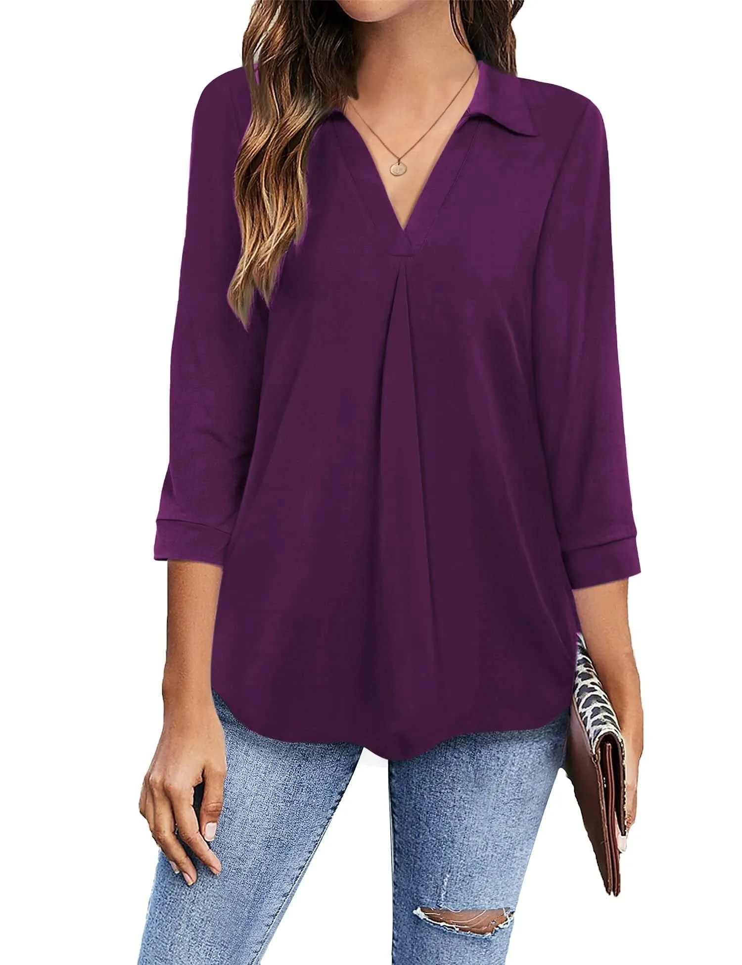 Womens Blouses Collared V Neck Casual Loose Blouse
