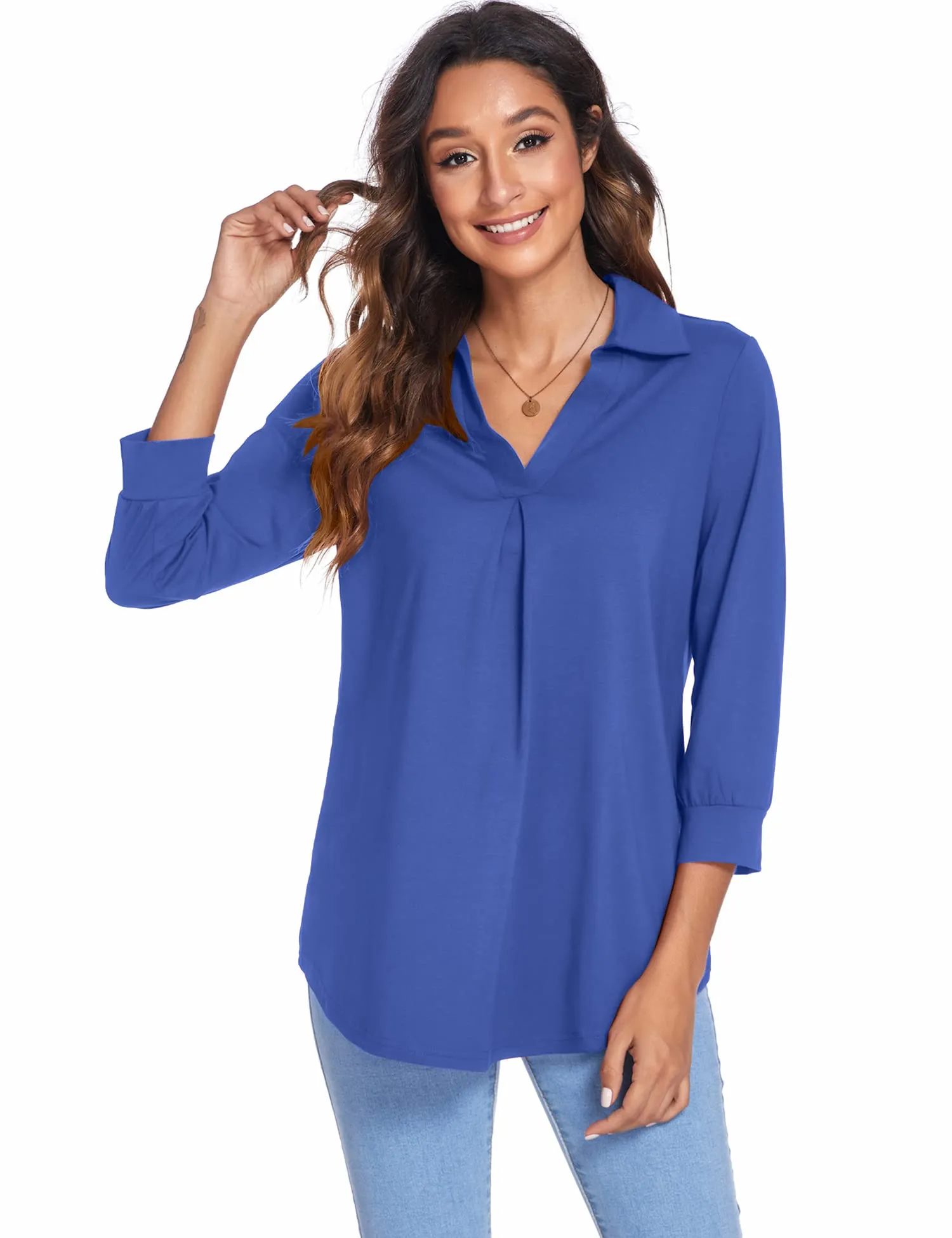 Womens Blouses Collared V Neck Casual Loose Blouse