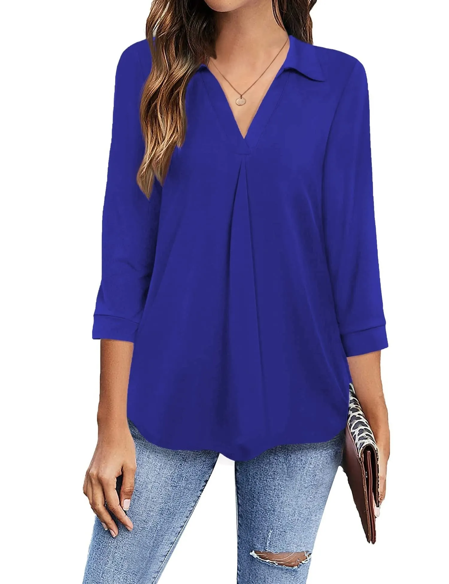 Womens Blouses Collared V Neck Casual Loose Blouse