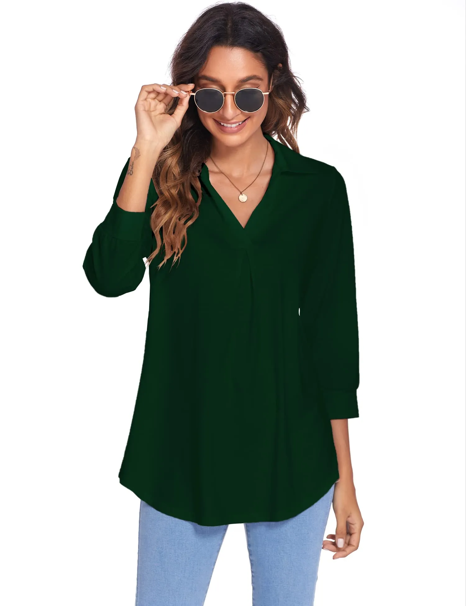 Womens Blouses Collared V Neck Casual Loose Blouse
