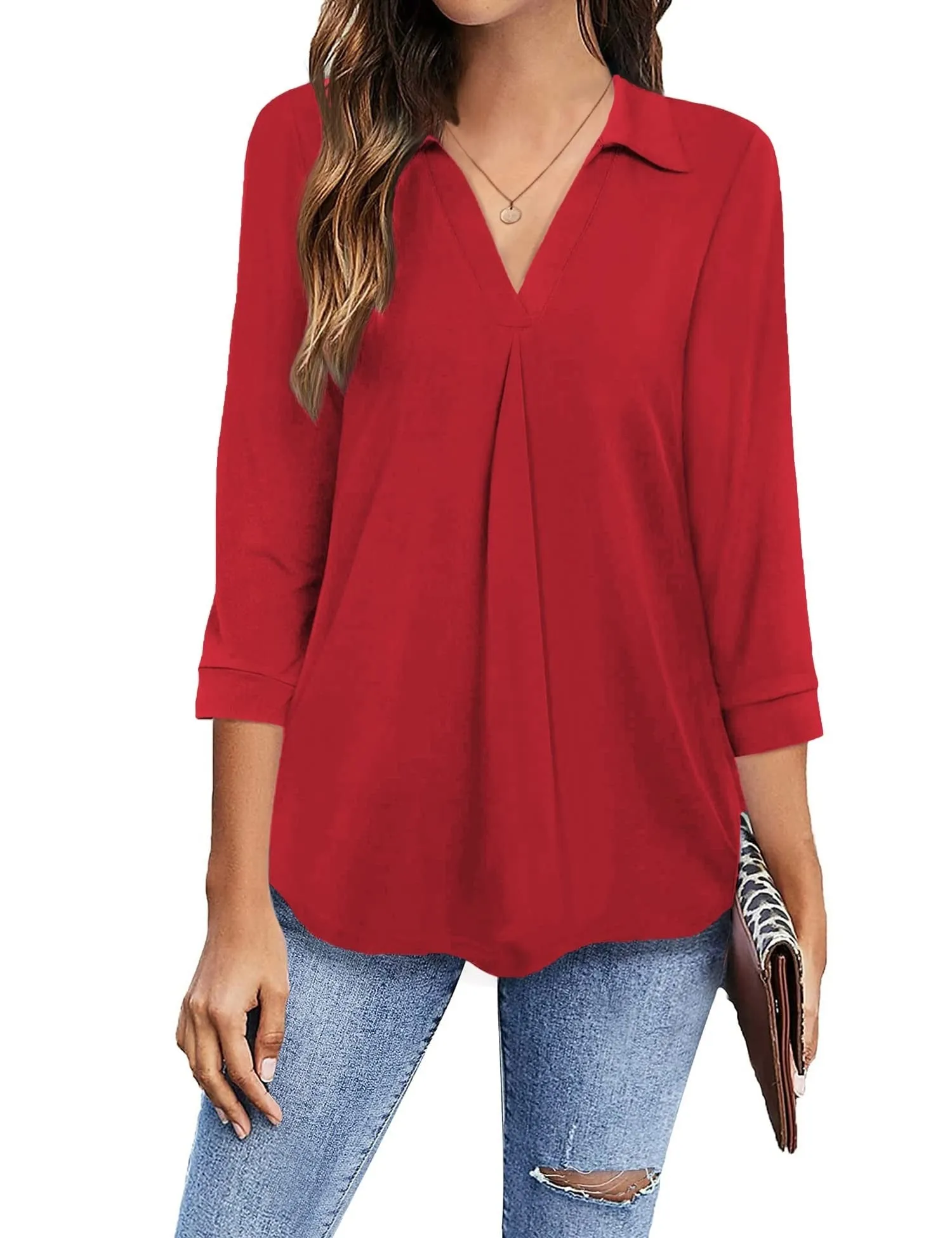 Womens Blouses Collared V Neck Casual Loose Blouse