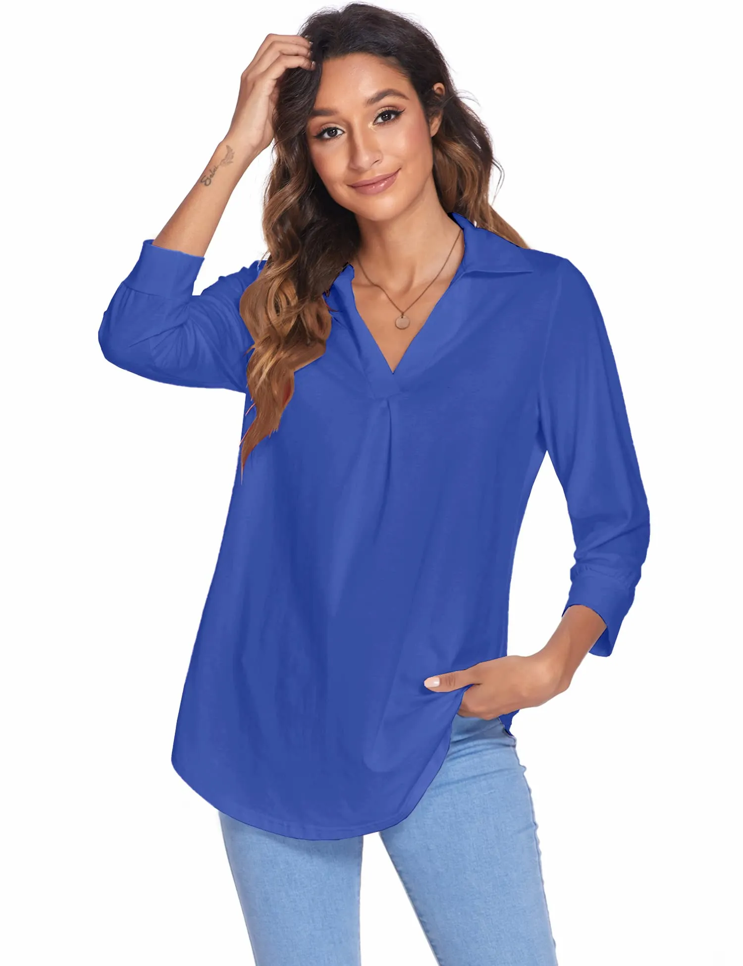 Womens Blouses Collared V Neck Casual Loose Blouse