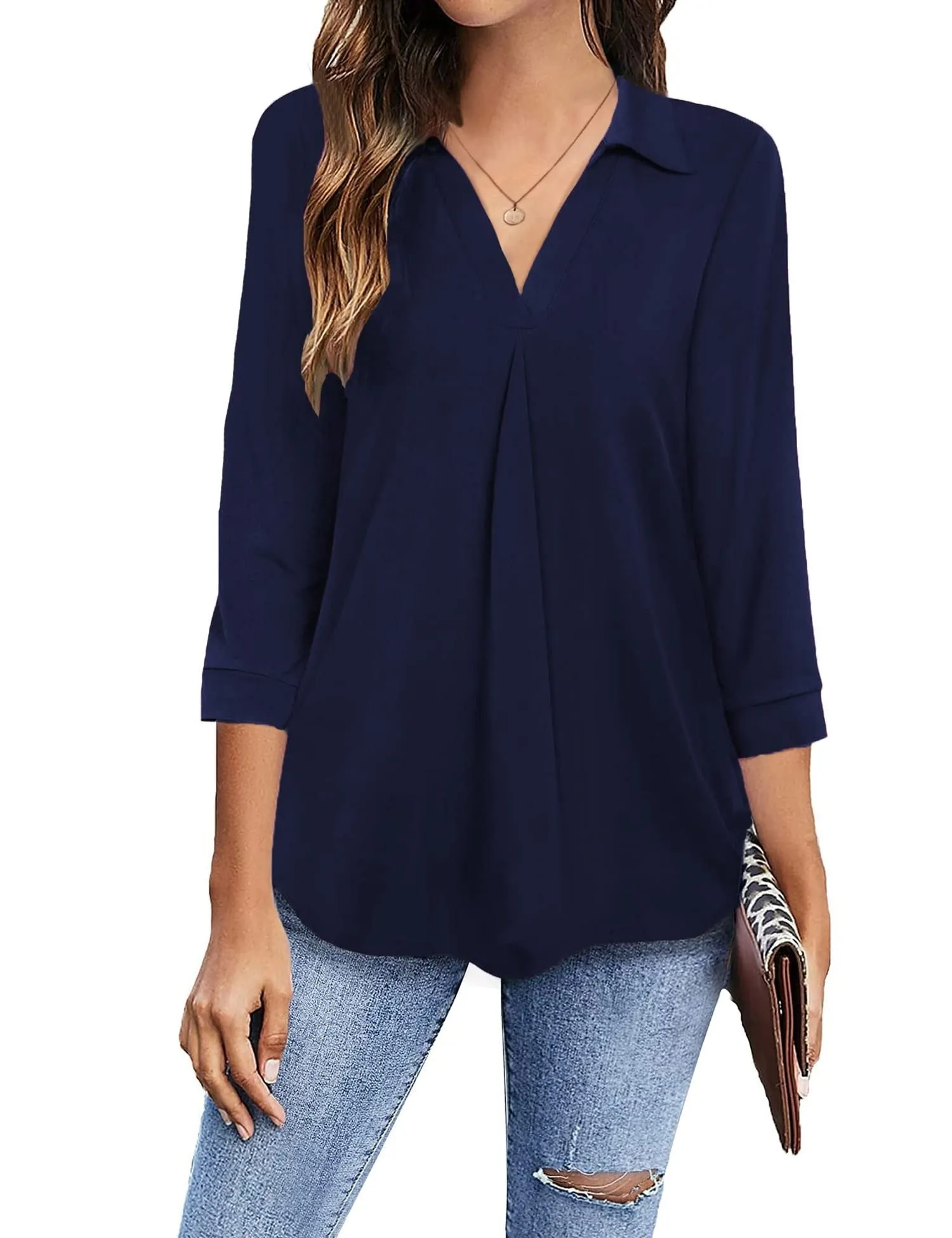 Womens Blouses Collared V Neck Casual Loose Blouse