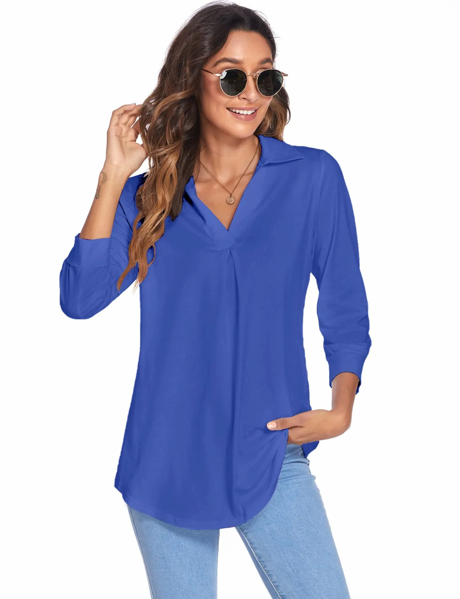Womens Blouses Collared V Neck Casual Loose Blouse