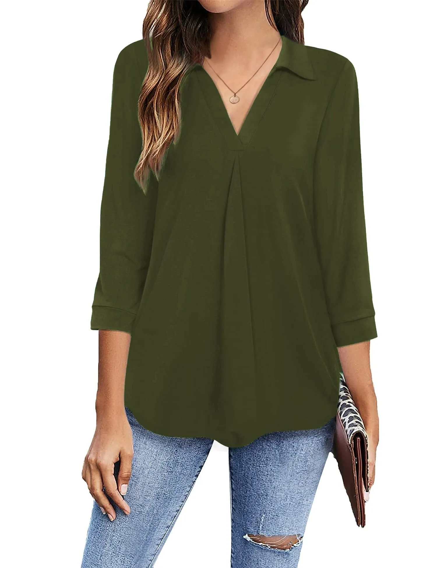 Womens Blouses Collared V Neck Casual Loose Blouse