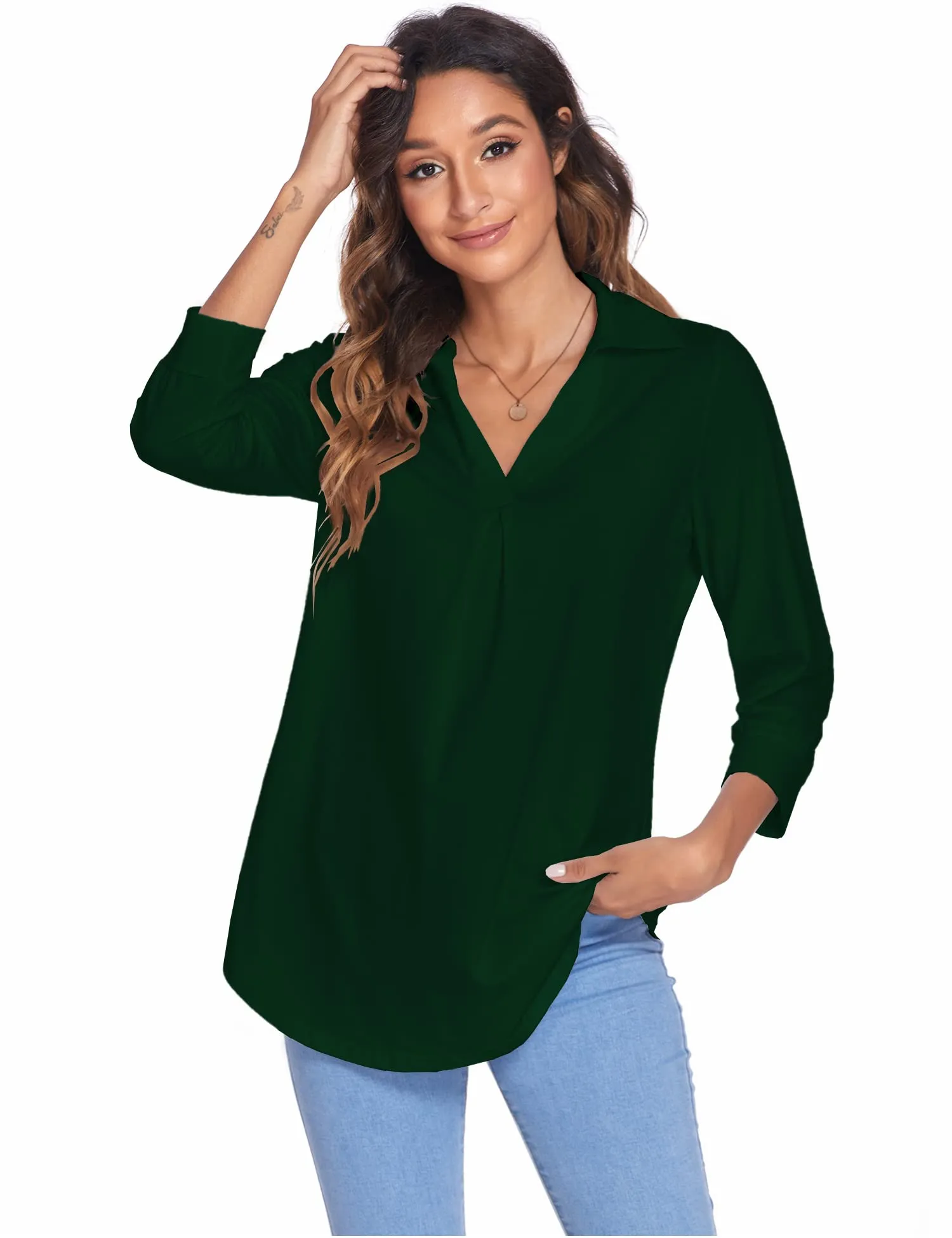 Womens Blouses Collared V Neck Casual Loose Blouse