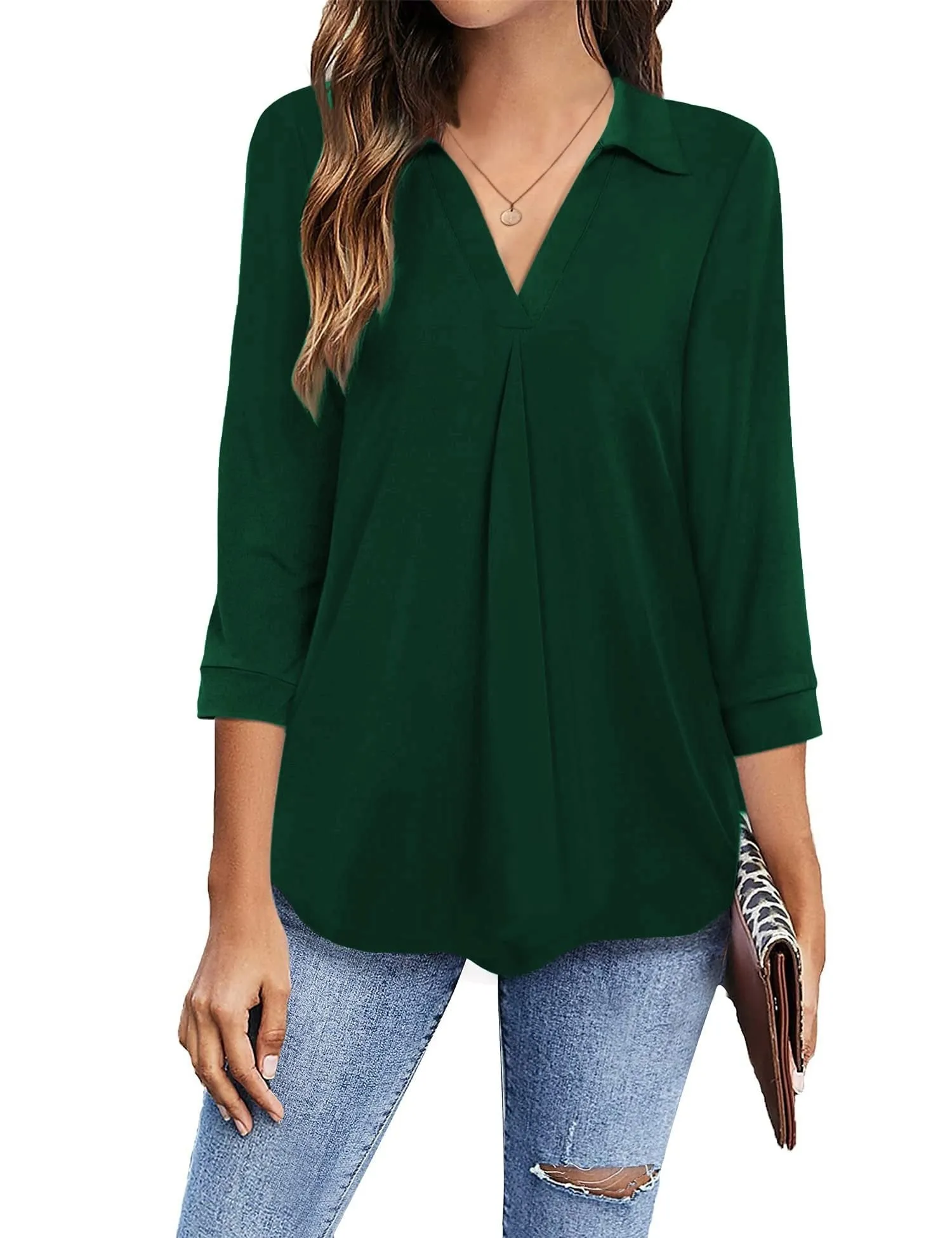 Womens Blouses Collared V Neck Casual Loose Blouse