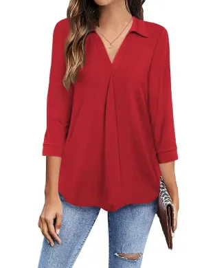 Womens Blouses Collared V Neck Casual Loose Blouse