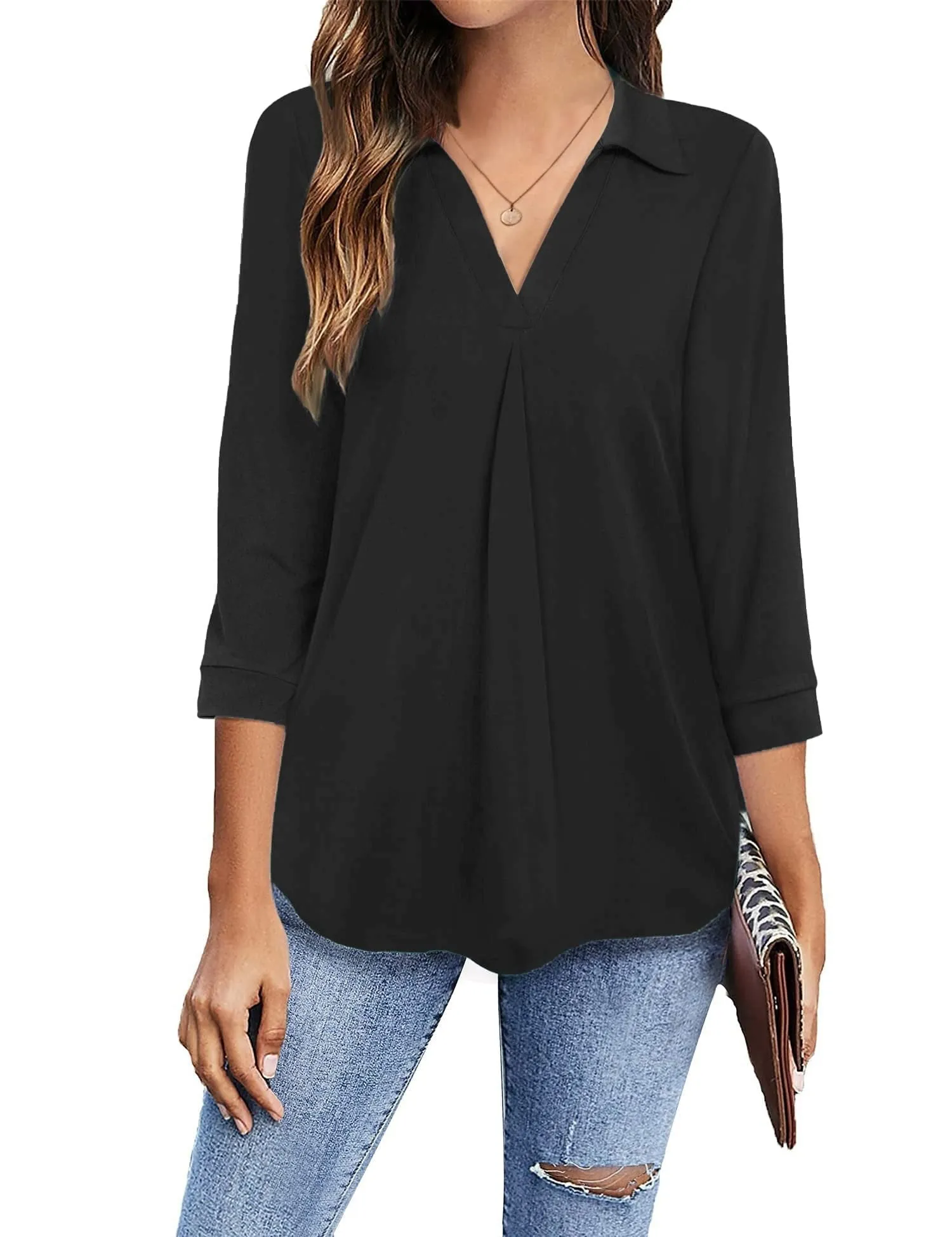 Womens Blouses Collared V Neck Casual Loose Blouse
