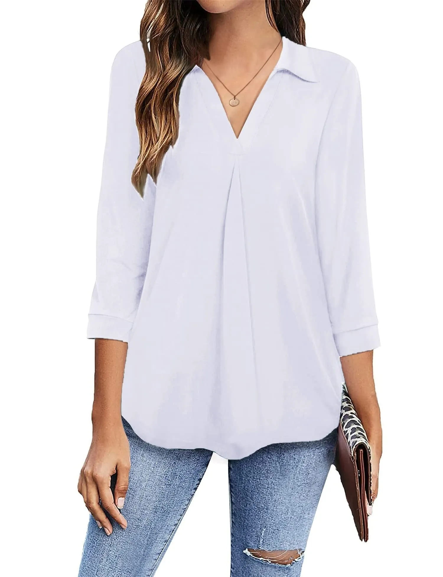 Womens Blouses Collared V Neck Casual Loose Blouse