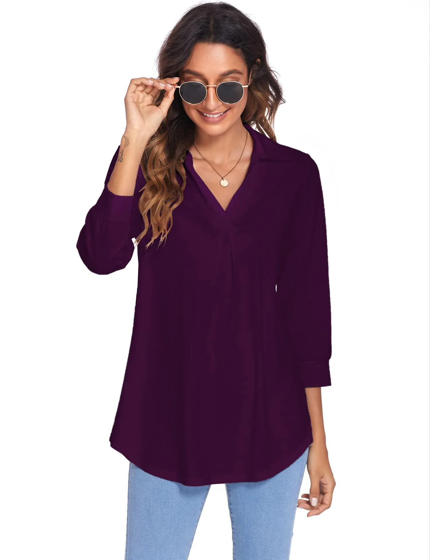 Womens Blouses Collared V Neck Casual Loose Blouse